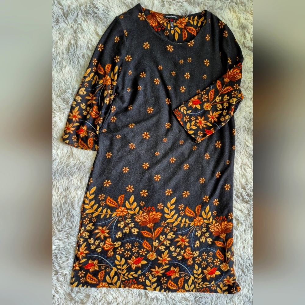 Floral Black Dress with Orange and Red Accents
